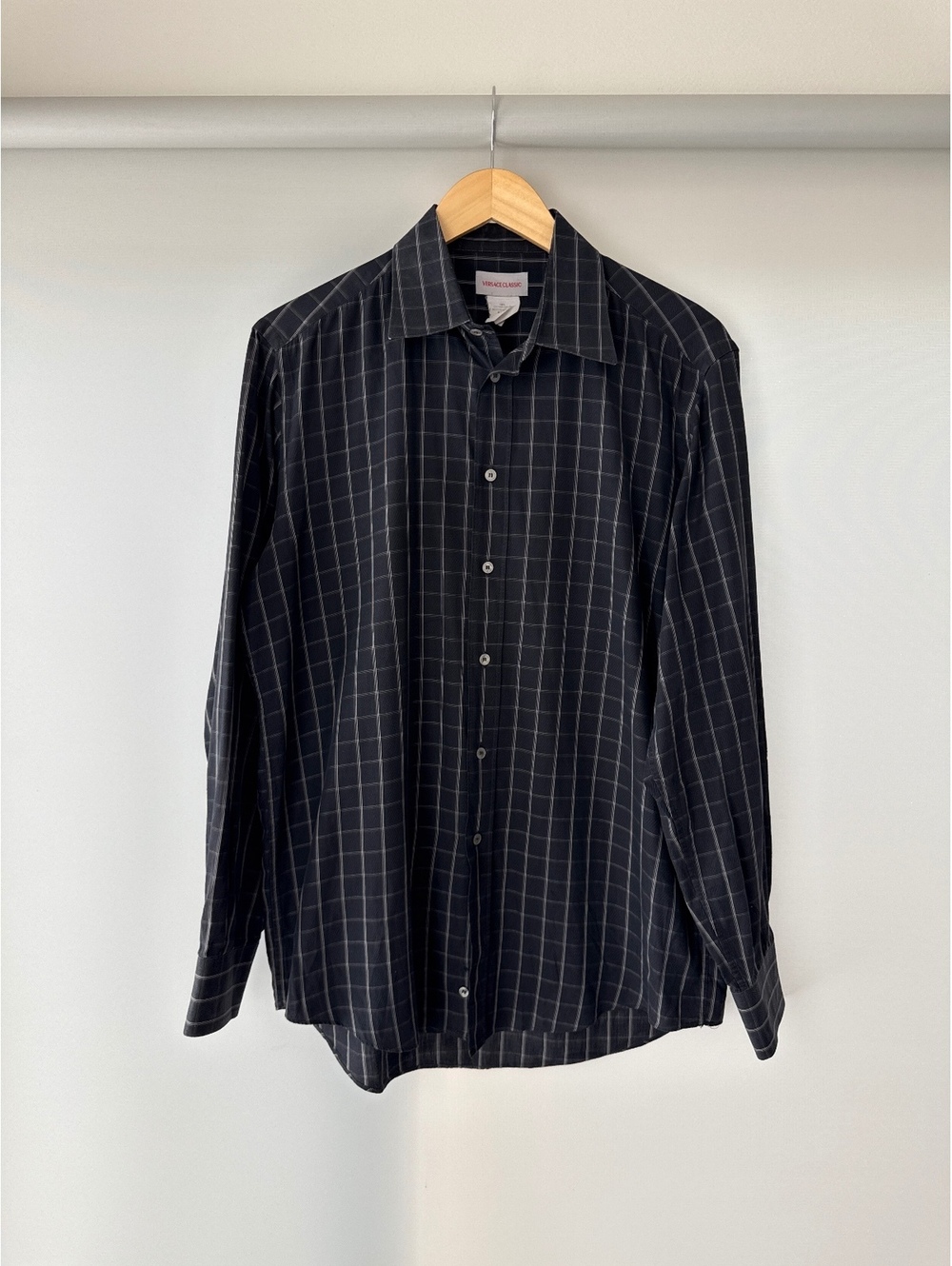 Versace Classic Men’s Black Windowpane Plaid Dress Shirt Medium M 100% Cotton
